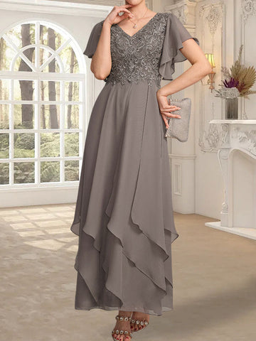 A-line V-Neck Ankle-Length Lace Chiffon Mother of the Bride Dress With Cascading Ruffles