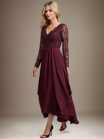 A-line V-Neck Asymmetrical Lace Chiffon Mother of the Bride Dress