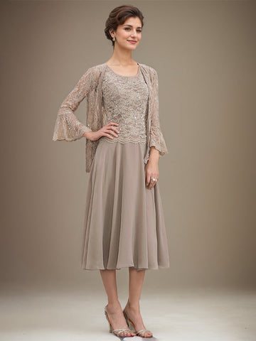 A-line Scoop Tea-Length Lace Chiffon Mother of the Bride Dress With Sequins