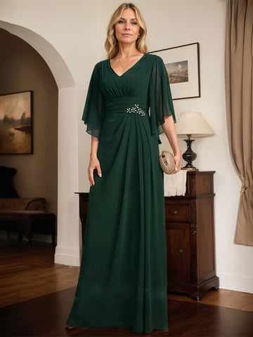 Sheath/Column V-Neck Floor-Length Chiffon Mother of the Bride Dress With Pleated Sequins Beading