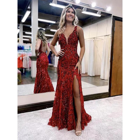 Robe de soirée bleu roi à col en V et dos nu