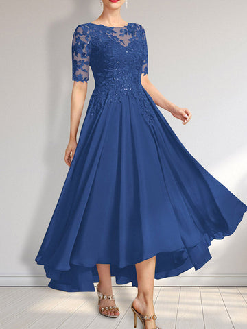 A-line Scoop Illusion Asymmetrical Chiffon Lace Mother of the Bride Dress With Sequins
