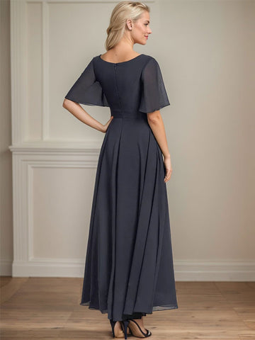 A-line V-Neck Ankle-Length Chiffon Mother of the Bride Dress With Pleated Beading Sequins