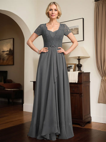 A-line Sweetheart Floor-Length Chiffon Lace Mother of the Bride Dress With Beading Cascading Ruffles