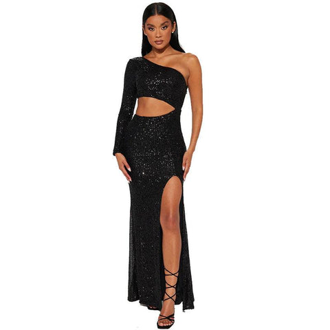 Vestido de noche sexy ajustado con un solo hombro y perlas