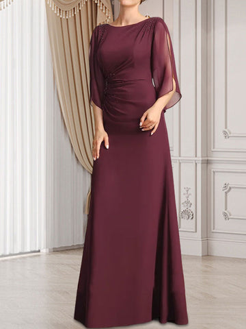 Vestido de corte recto/columna, largo hasta el suelo, de gasa, para la madre de la novia, con plisados ​​y cuentas.