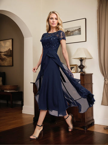 A-line Scoop Illusion Asymmetrical Chiffon Lace Mother of the Bride Dress With Bow Ruffle Sequins