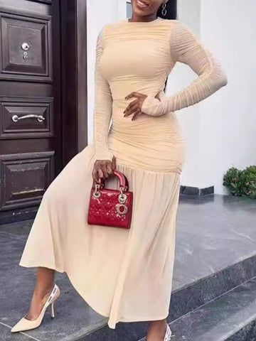 Long Sleeves Skinny Pleated See-Through Solid Color Split-Joint Round-Neck Evening Dresses Maxi Dresses