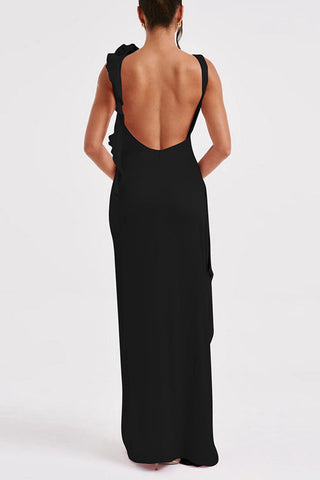 Vestidos de noche sexys de color liso con espalda descubierta, volantes y cuello redondo fruncido (3 colores) 