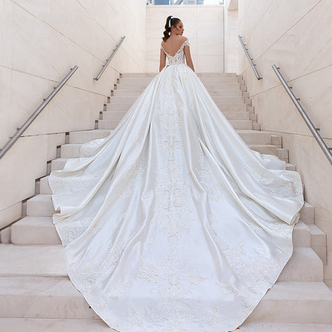 Vestidos de novia sexis con hombros descubiertos, corte en A, apliques de encaje, elegantes vestidos de novia sin mangas para fiestas en la playa, de satén con apliques de cuentas.