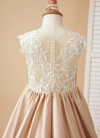 A-line Lace Satin Floor-length Flower Girl Dress