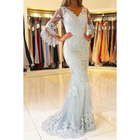 Vestido de noche formal largo estilo sirena/trompeta con mangas murciélago y apliques de tul 