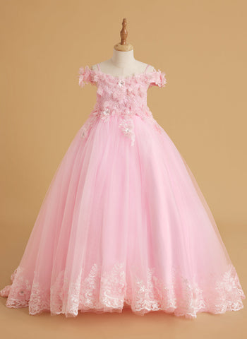 Ball-Gown/Princess Lace Sweep Train Pink Birthday Dress