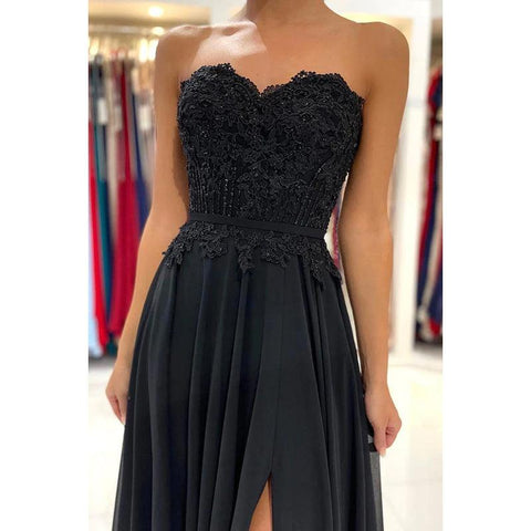 Vestido de fiesta de corte tubo/columna, sin tirantes, de gasa, con apliques y espalda descubierta, sin mangas