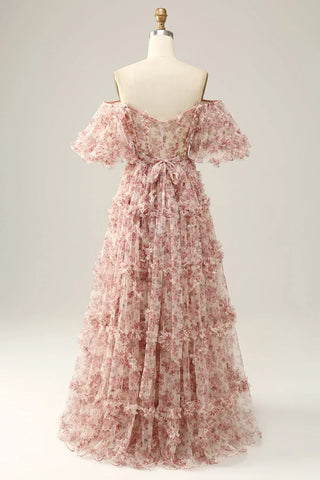 Gorgeous A Line Off the Shoulder Pink Floral Printed Corset Prom Dress with Sweep Train