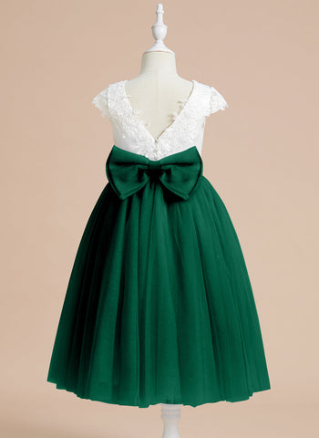 A-line Satin Tulle Tea-length First Communion Flower Girl Dress