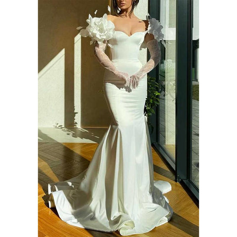 Vestido de noche de fiesta con escote en forma de trompeta, manga larga y adornos florales 