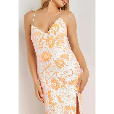 Robe de soirée longue à bretelles spaghetti et col en V, motif floral pailleté