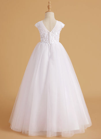 A-line Lace Tulle Sweep Train Pink Flower Girl Dress