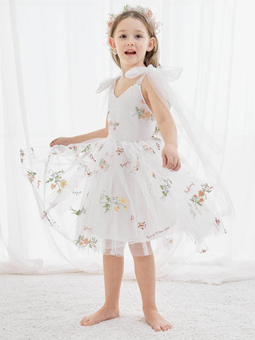 A-Line Sleeveless Floral Embroidered Tulle Toddler Flower Girl Dress