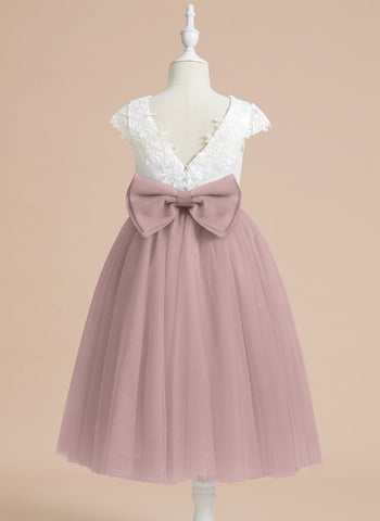 A-line Satin Tulle Tea-length First Communion Flower Girl Dress