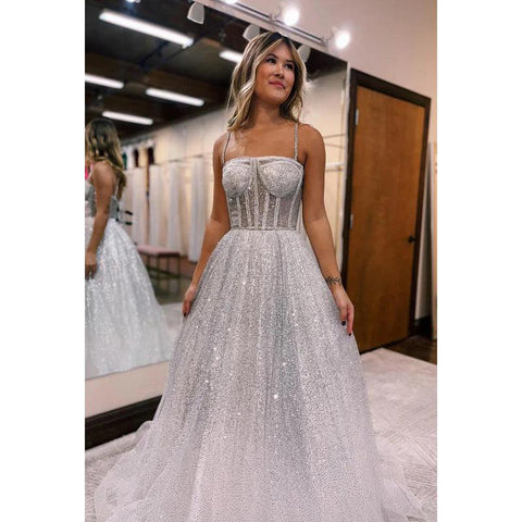 Vestido de noche largo de tul con lentejuelas y cuentas, tirantes finos y brillantes, corte A