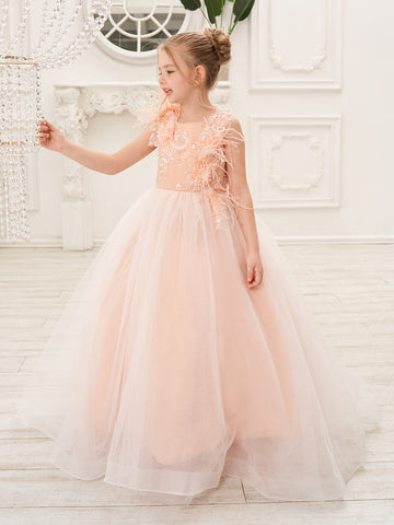 Ball-Gown/Princess Tulle Sweep Train Pink Flower Girl Dress