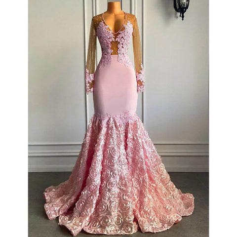 Vestido de fiesta africano de sirena con escote en V, apliques de encaje y mangas largas 