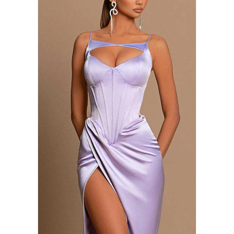 Vestido largo formal de noche con tirantes finos y aberturas para graduación