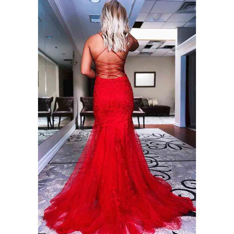 Vestido formal de noche para graduación, sin mangas, con tirantes finos y apliques de tul