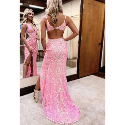 Vestido de fiesta de graduación con escote en V y tirantes finos, brillante, con apliques 