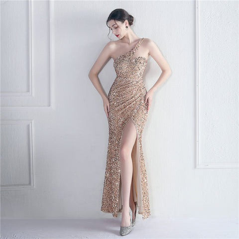 Velvet Bottom Sequin One Shoulder Fishtail Evening Dress
