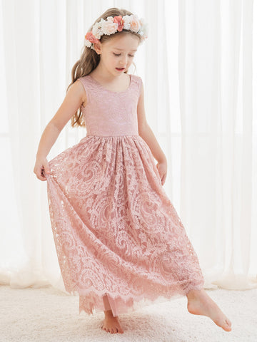 A-line Lace Ankle-length Ivory Boho Flower Girl Dress