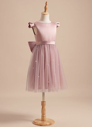 A-line Satin Tulle Knee-length Dusty Rose Dress (2003227179)