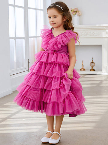 Ball-Gown/Princess Pink Sleeveless Tulle Flower Girl Dress with Ruffles
