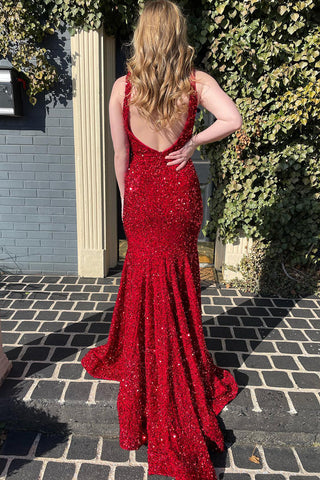 Robe de bal longue sirène à sequins rouges et décolleté plongeant en V