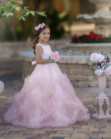 A-line Satin Tulle Floor-length Cascading Ruffles Flower Girl Dress