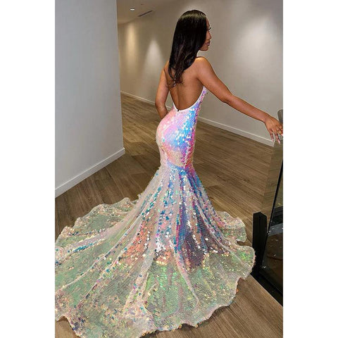 Vestido formal de noche de graduación con escote en V, sin mangas, espalda descubierta y lentejuelas, corte trompeta/sirena