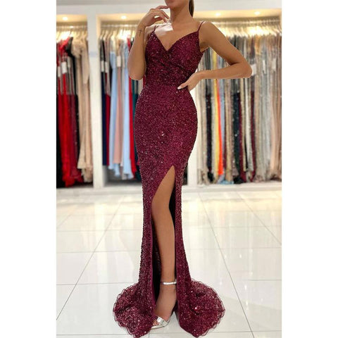 Robe de bal sirène à bretelles spaghetti et paillettes bordeaux pour femme 