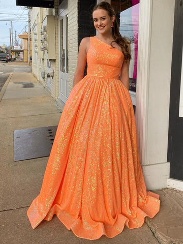 Vestido de fiesta de lentejuelas con un solo hombro, corte en A y bolsillos