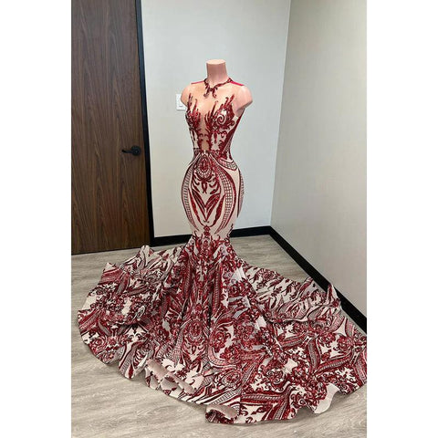 Vestido formal de noche de graduación con apliques de lentejuelas y encaje con escote en V y corte trompeta/sirena