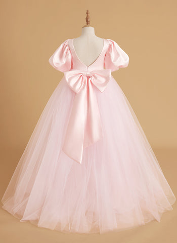 A-line Satin Tulle Short Sleeves Flower Girl Dress