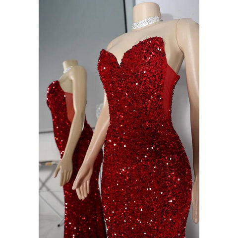 Vestido de noche de sirena con escote en V, sin mangas, con cordones y lentejuelas