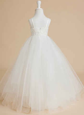 Ball-Gown/Princess Lace Tulle Floor-length White Dress (010145213)