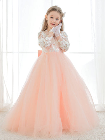 A-line Long Sleeves Lace Tulle Flower Girl Dresses Pink (2003227575)
