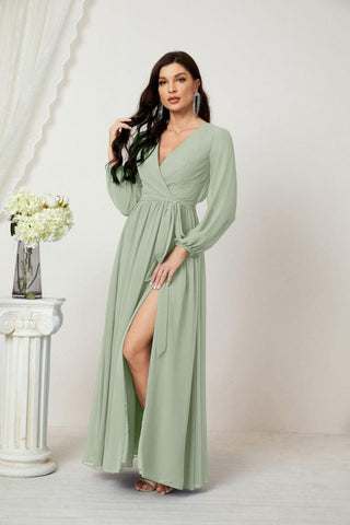 Sunnderly Evening Dresses Deep V-Neck Chiffon Bridesmaid Dresses Long Bishop Sleeve Side Split Formal Dress SY2806