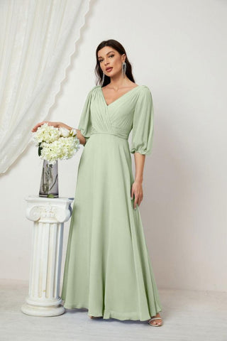 Baoleely  Formal Prom Gown Women V-Neck Chiffon Bridesmaid Dresses Long Bishop Sleeve Party Dress 2807