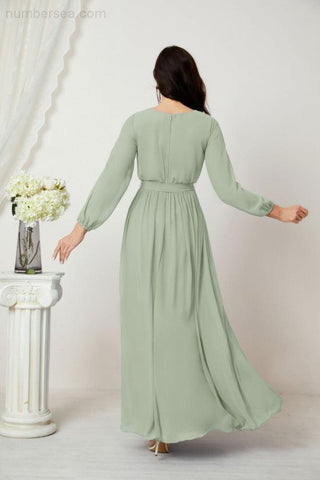 Sunnderly Evening Dresses Deep V-Neck Chiffon Bridesmaid Dresses Long Bishop Sleeve Side Split Formal Dress SY2806