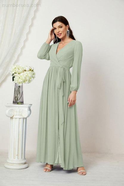 Numbersea Evening Dresses Deep V-Neck Chiffon Bridesmaid Dresses Long Bishop Sleeve Side Split Formal Dress 2806