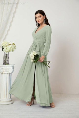 Sunnderly Evening Dresses Deep V-Neck Chiffon Bridesmaid Dresses Long Bishop Sleeve Side Split Formal Dress SY2806